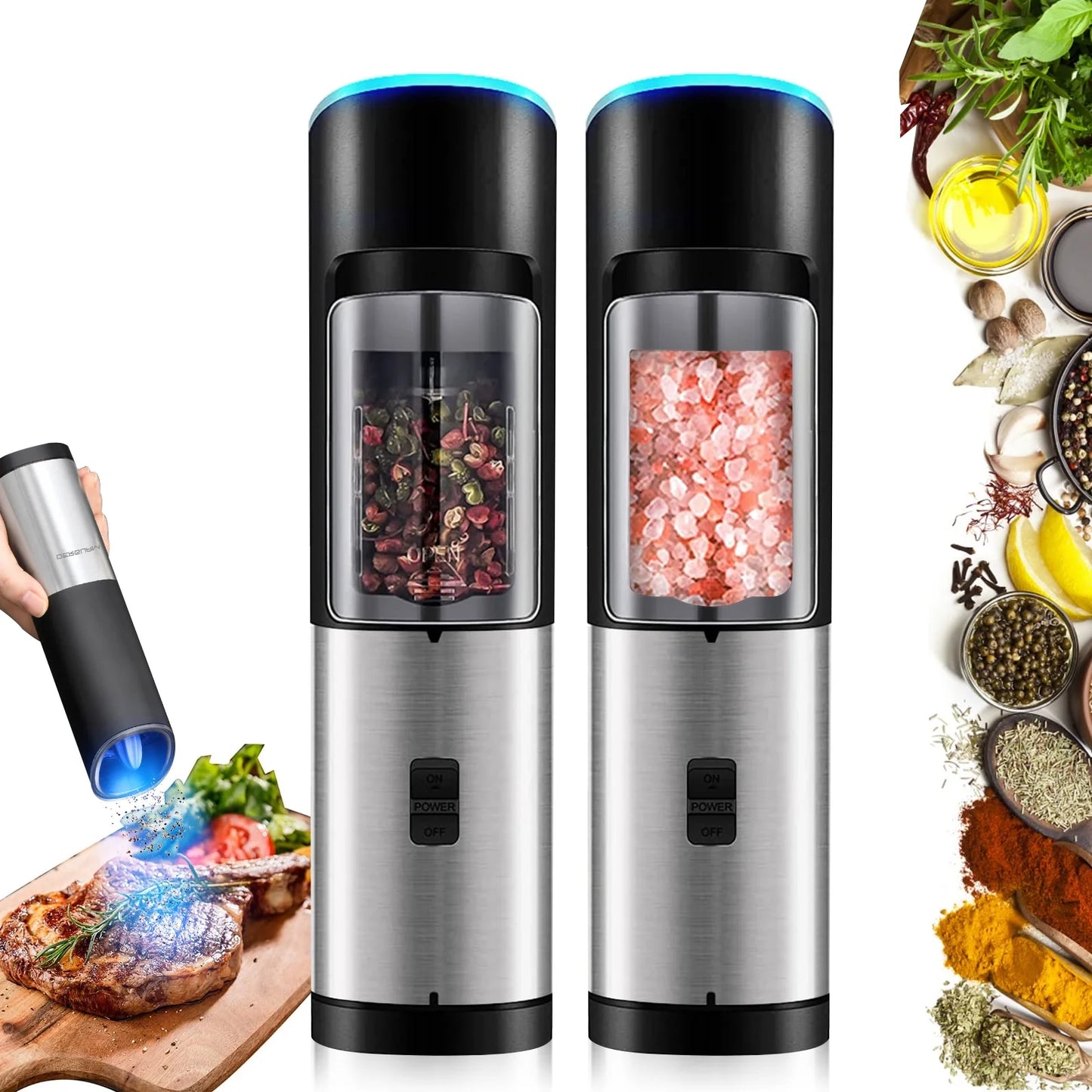 2 Pack Electric Salt and Pepper Grinder Set Battery Operated Auto Mill, Stainless Steel Automatic Shaker with Light,One Hand Automatic Operation,Black