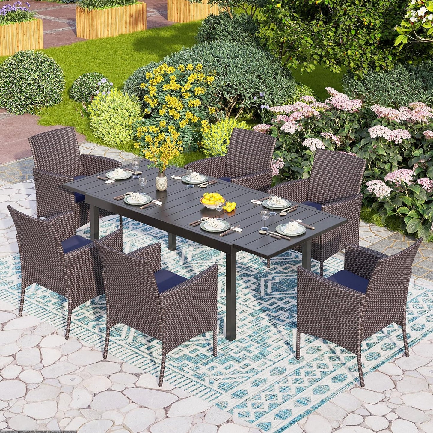 7 Piece Outdoor Dining Table Sets, Expandable Rectangular Metal Dining Table & 6 Rattan Chairs for Patio, Deck, Balcony