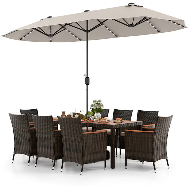 Outdoor Dining Set with Patio Umbrella 10-Piece Black Rattan Patio Dining Set Wood Rectangle Table with 8 Off-White Cushions Stackable Stationary Chairs