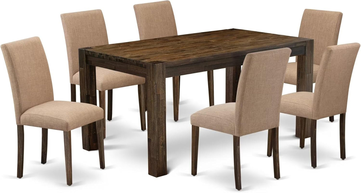 CNAB7-77-47 7 Piece Modern Dining Table Set Consist of a Rectangle Rustic Wood Wooden Table and 6 Light Sable Linen Fabric Upholstered Chairs, 36X60 Inch, Jacobean