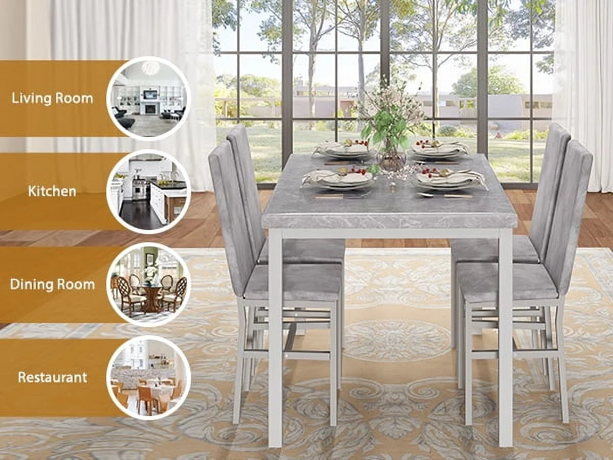 4-Person Marble Dining Table and Chairs Set for Kitchen, Dining Room, Breakfast Corner, Compact Spaces with Faux Marble Pattern Table and 4 Velvet Covered Upholstered Chairs, Gray