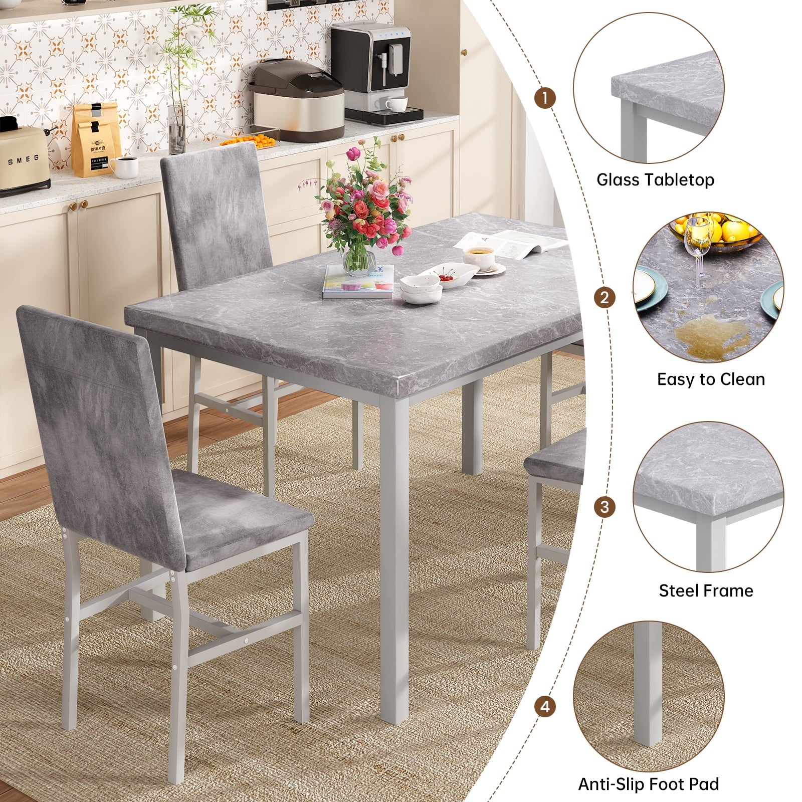 4-Person Marble Dining Table and Chairs Set for Kitchen, Dining Room, Breakfast Corner, Compact Spaces with Faux Marble Pattern Table and 4 Velvet Covered Upholstered Chairs, Gray