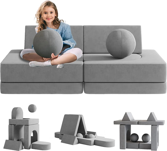 10Pcs Kids Couch Modular Sofa, Convertible Toddler Play Sofa with 2 Balls