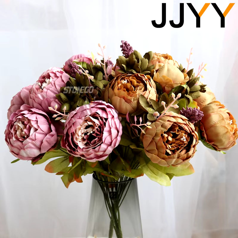 JJYY Artificial Flowers Bouquet 13 Heads European Style Peony Silk Flowers High Quality Plastic Flowers Fake Daisy Accessories