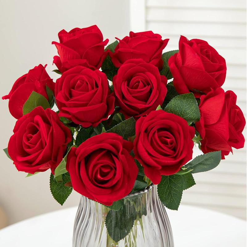 12PCS Artificial Roses Silk Flowers Bouquet Long Stem for Home Wedding Decoration Party (Red)