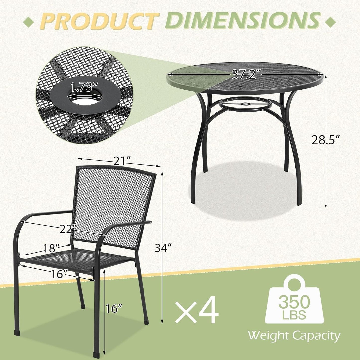 Metal Patio Table and Chairs Set for 4, Outdoor Dining Sets Patio Dining Table Furniture Set round outside Table and Chairs for Garden Backyard with 1.73" Umbrella Hole