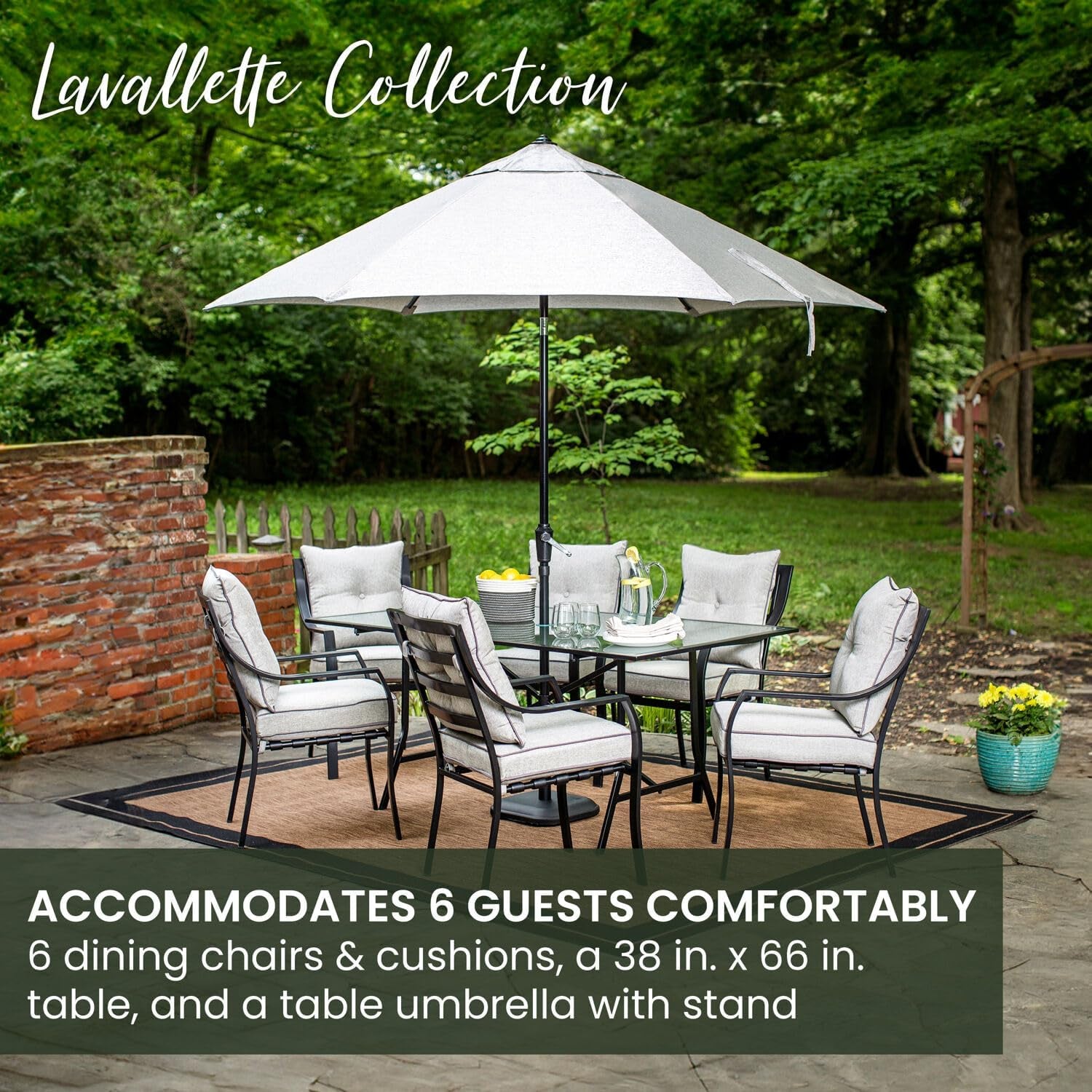 Lavallette 7-Piece Patio Dining Set, Steel Outdoor Dining Set for 6 with Silver Linings Cushions, Dining Chairs and Tempered Glass Rectangular Dining Table