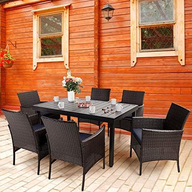 7 Piece Outdoor Dining Table Sets, Expandable Rectangular Metal Dining Table & 6 Rattan Chairs for Patio, Deck, Balcony