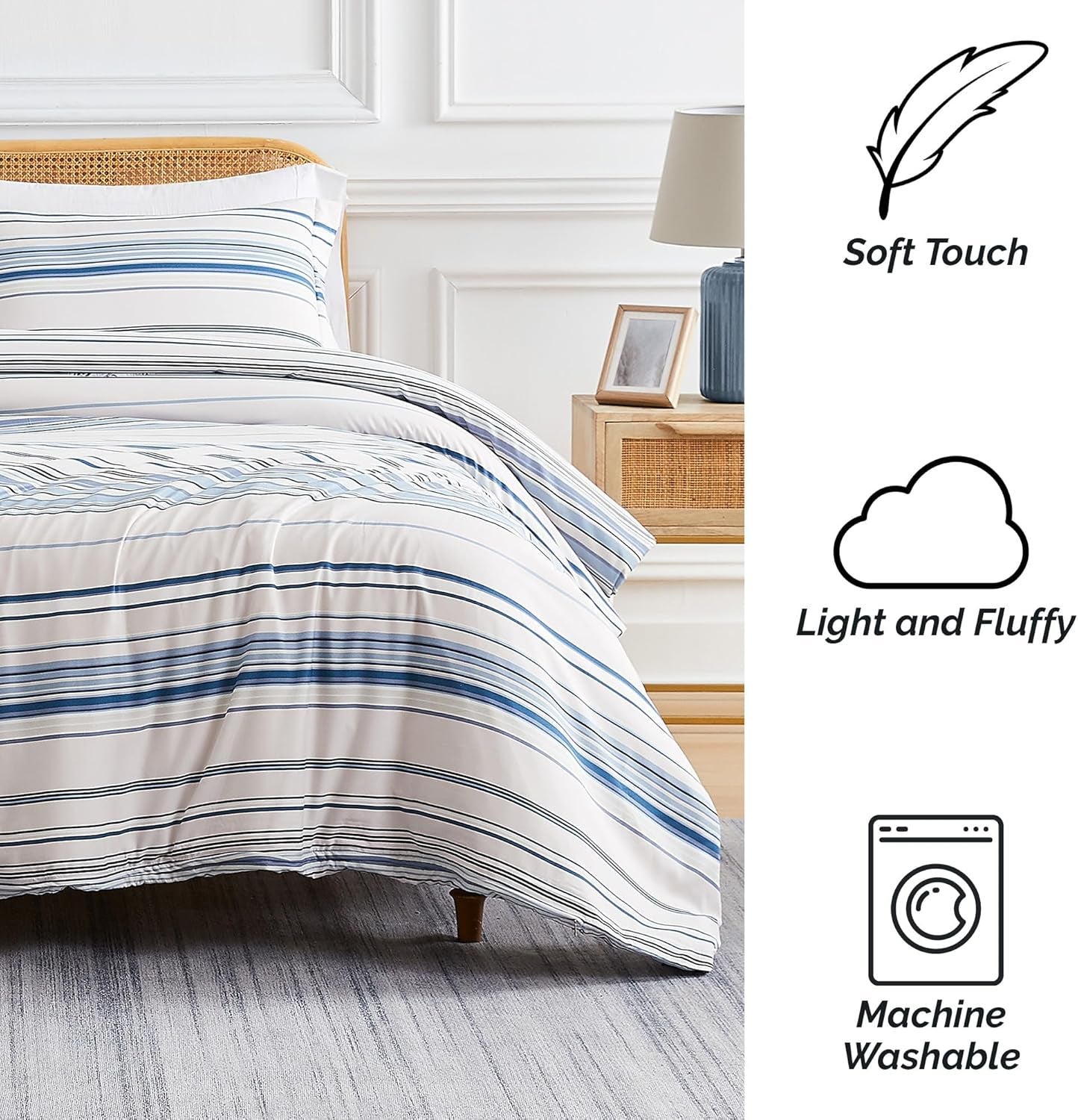 3-Piece Oversized King Size Comforter Set, down Alternative Blue and White Comforter with Matching Shams, Striped Bedspread for California/King Beds, Coastal Stripes Blue