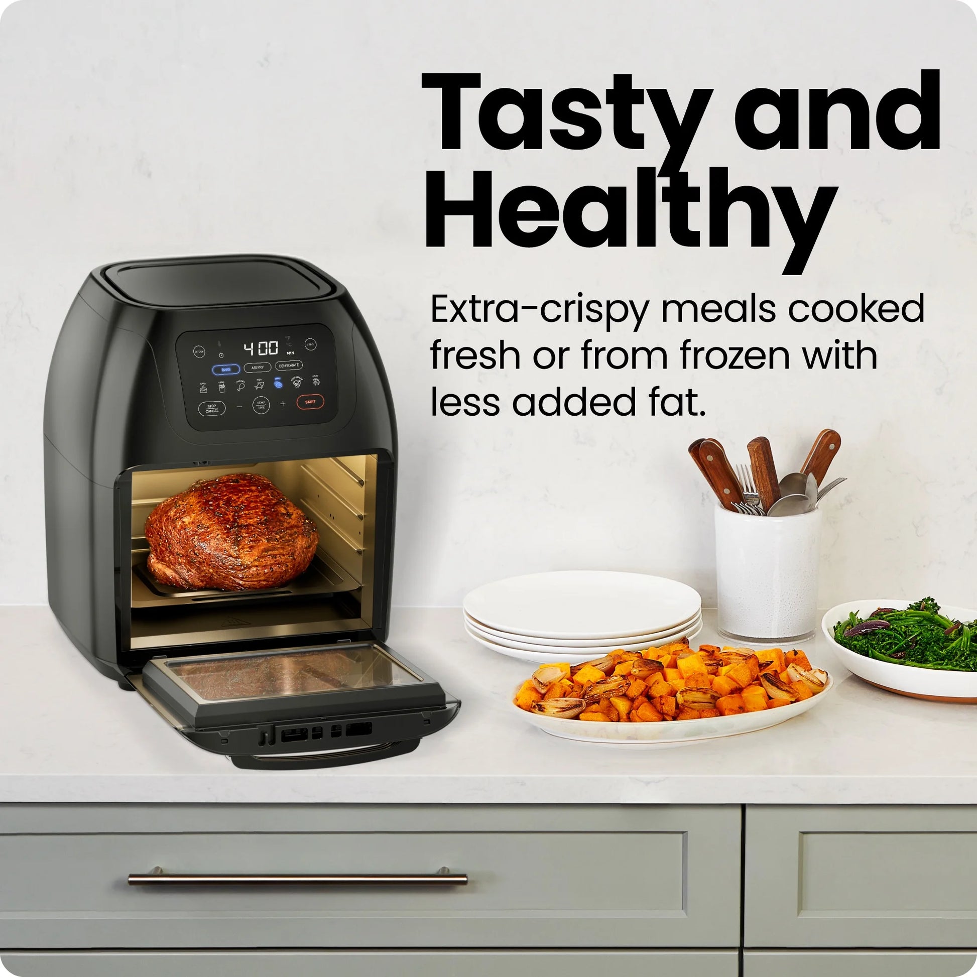 Multifunctional Digital 10 Qt. Air Fryer+ Rotisserie, Fry, Roast & Bake, 17 Presets - Black, New