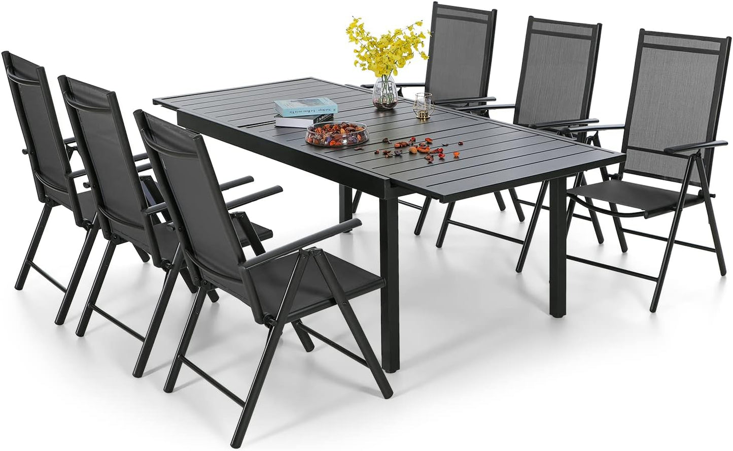 7 Piece Outdoor Patio Dining Set, Adjustable Folding Patio Chairs Reclining (Black) with Extendable Metal Steel Dining Table for Outdoor, Garden, Lawn