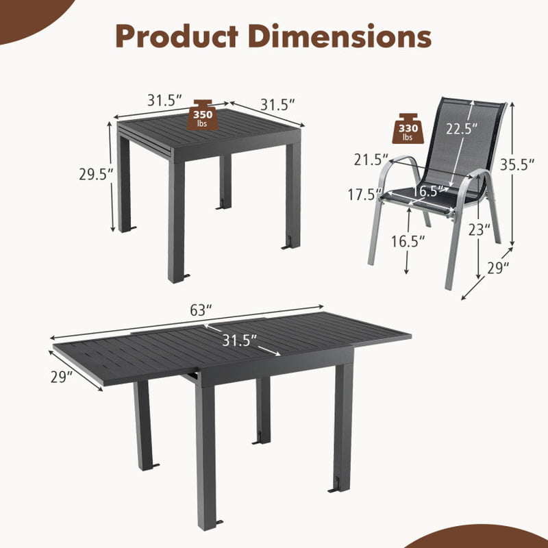 Outdoor Dining Table Set with Extendable Aluminum Table and 4 Stackable Chairs