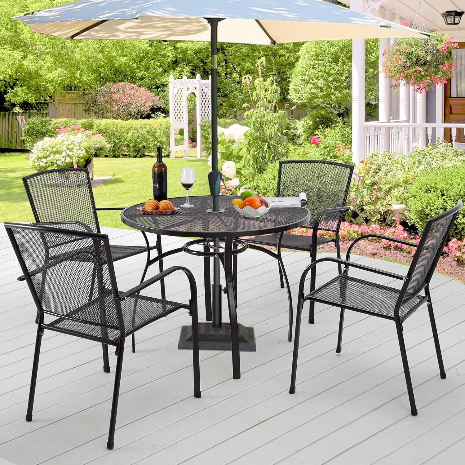 Metal Patio Table and Chairs Set for 4, Outdoor Dining Sets Patio Dining Table Furniture Set round outside Table and Chairs for Garden Backyard with 1.73" Umbrella Hole