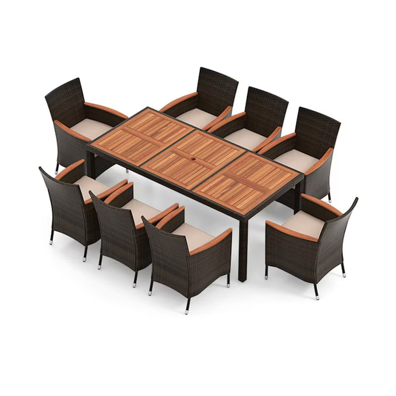 Outdoor Dining Set with Patio Umbrella 10-Piece Black Rattan Patio Dining Set Wood Rectangle Table with 8 Off-White Cushions Stackable Stationary Chairs