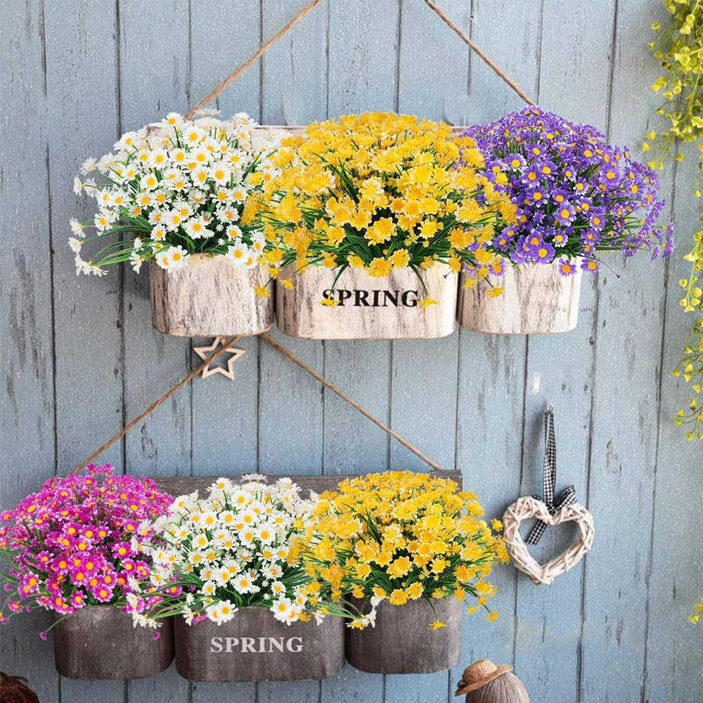 Artificial Daisies Flowers Outdoor UV Resistant 4 Bundles Fake Foliage Greenery Faux Plants Shrubs Plastic Bushes for Window Box Hanging Planter Farmhouse Indoor outside Decor(Yellow)