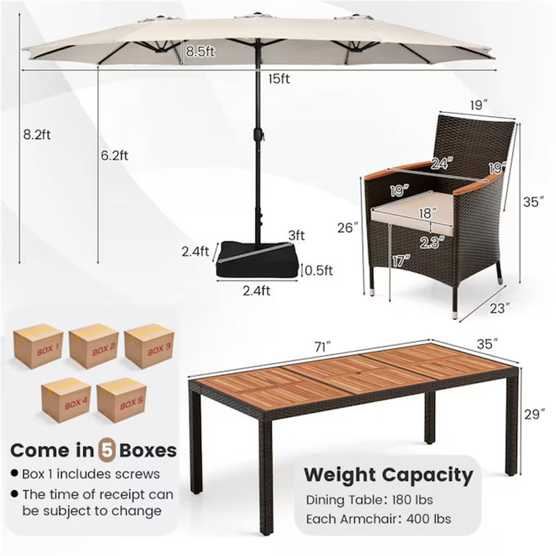 Outdoor Dining Set with Patio Umbrella 10-Piece Black Rattan Patio Dining Set Wood Rectangle Table with 8 Off-White Cushions Stackable Stationary Chairs