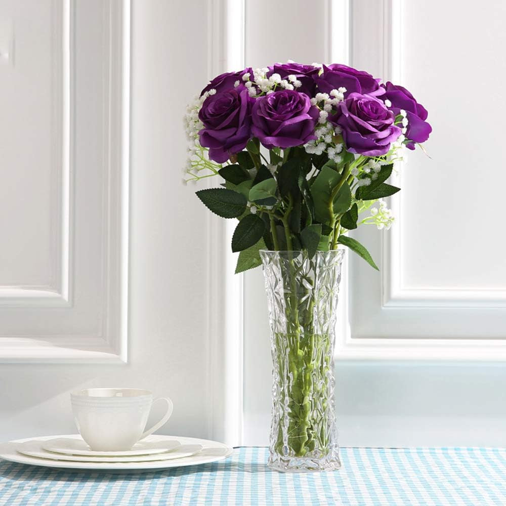 Artificial Silk Rose Flower Bouquet Lifelike Fake Rose for Wedding Home Party Decoration Event Gift 10Pcs (Purple)