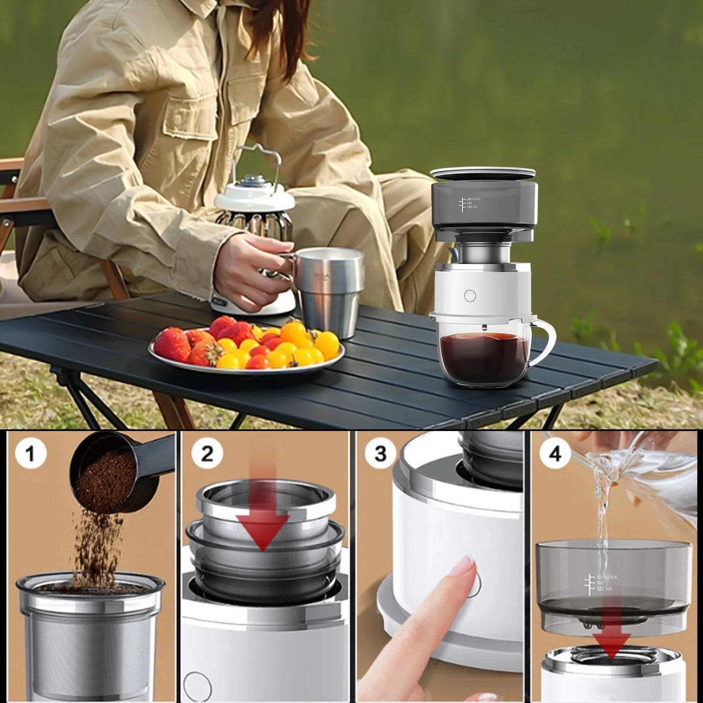 LJ Clearance Portable Coffee Machine, Coffee Machine, Compatible Ground Coffee, Hand Coffee Maker, Travel Gadgets, Manually Operated, Perfect for Camping, Hiking