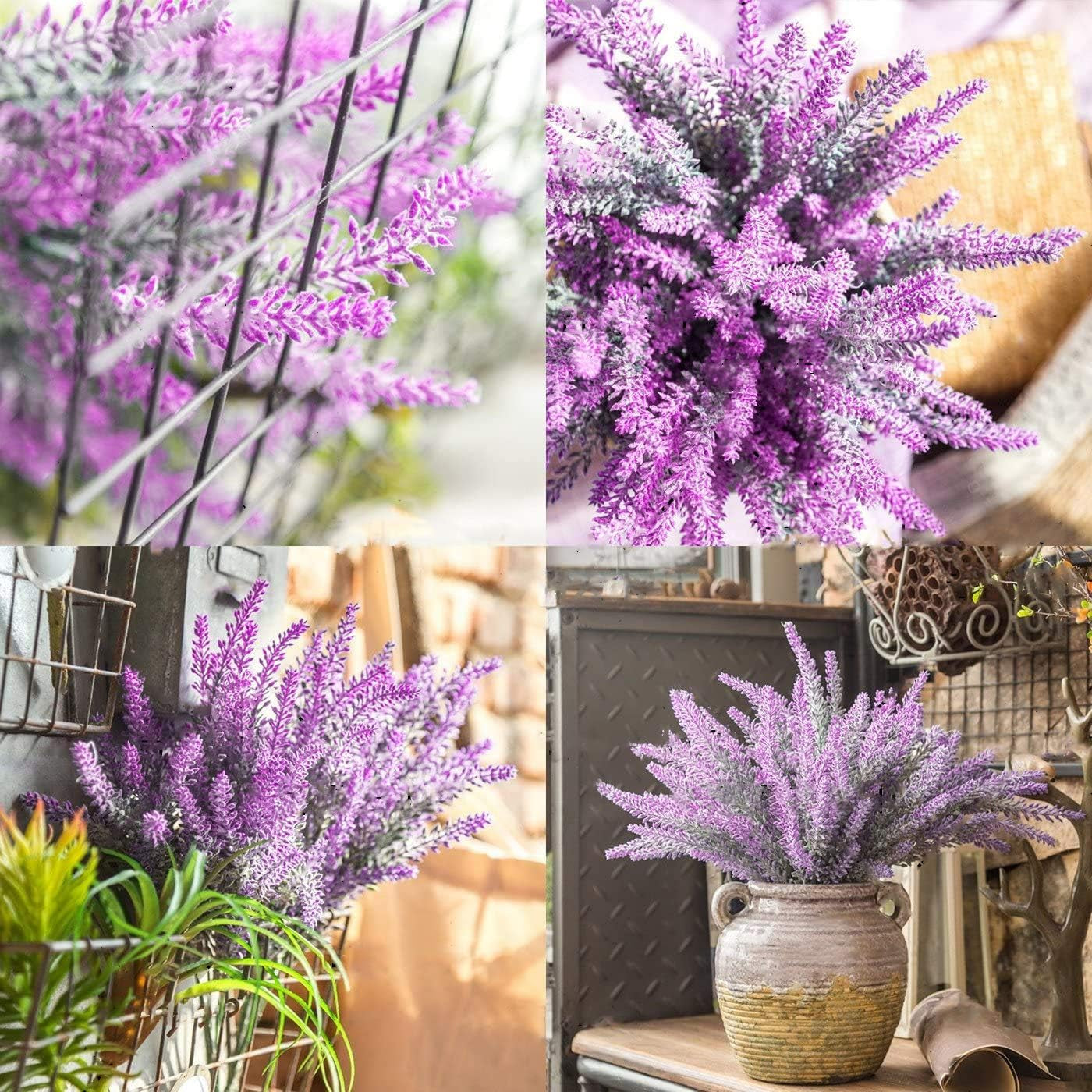 8 Bundles Artificial Flowers Flocked Plastic Lavender Bundle Fake Plants Wedding Bridle Bouquet Indoor Outdoor Home Kitchen Office Décor (Fuchsia Lavender/8Pcs)