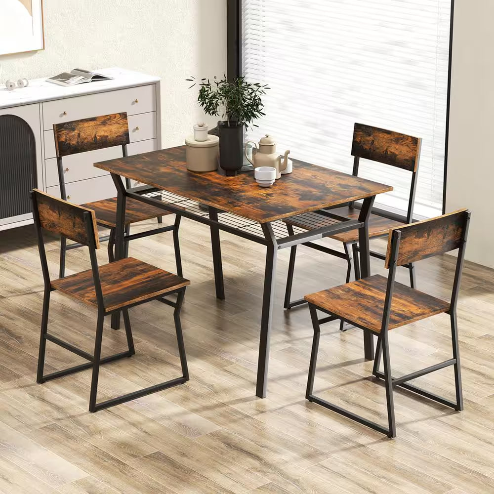 5-Piece Brown Wood Top Dining Table Set Industrial Rectangular Kitchen Table with 4-Chairs