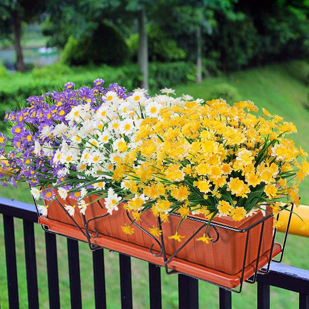 Artificial Daisies Flowers Outdoor UV Resistant 4 Bundles Fake Foliage Greenery Faux Plants Shrubs Plastic Bushes for Window Box Hanging Planter Farmhouse Indoor outside Decor(Yellow)