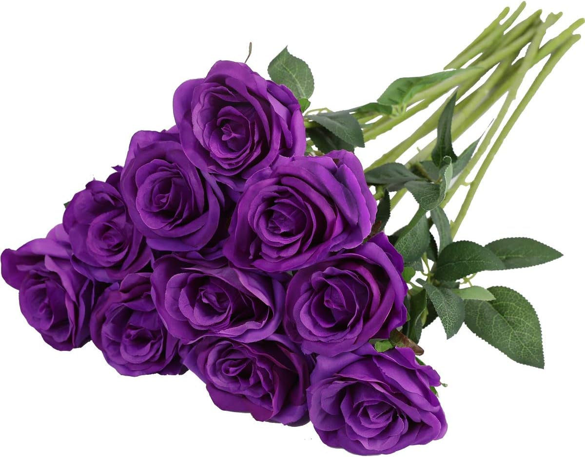 Artificial Silk Rose Flower Bouquet Lifelike Fake Rose for Wedding Home Party Decoration Event Gift 10Pcs (Purple)