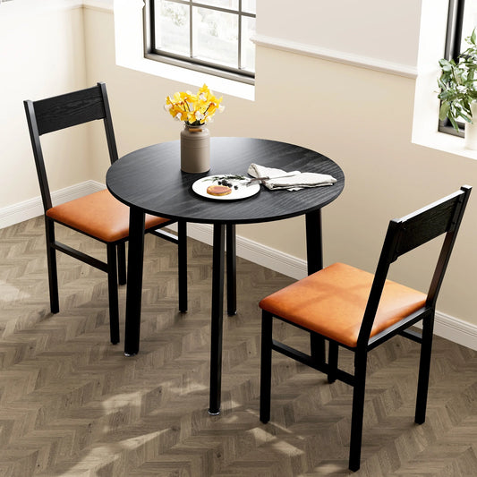 3 Piece round Dining Table Set with 2 Cushioned Chairs, Black & Brown