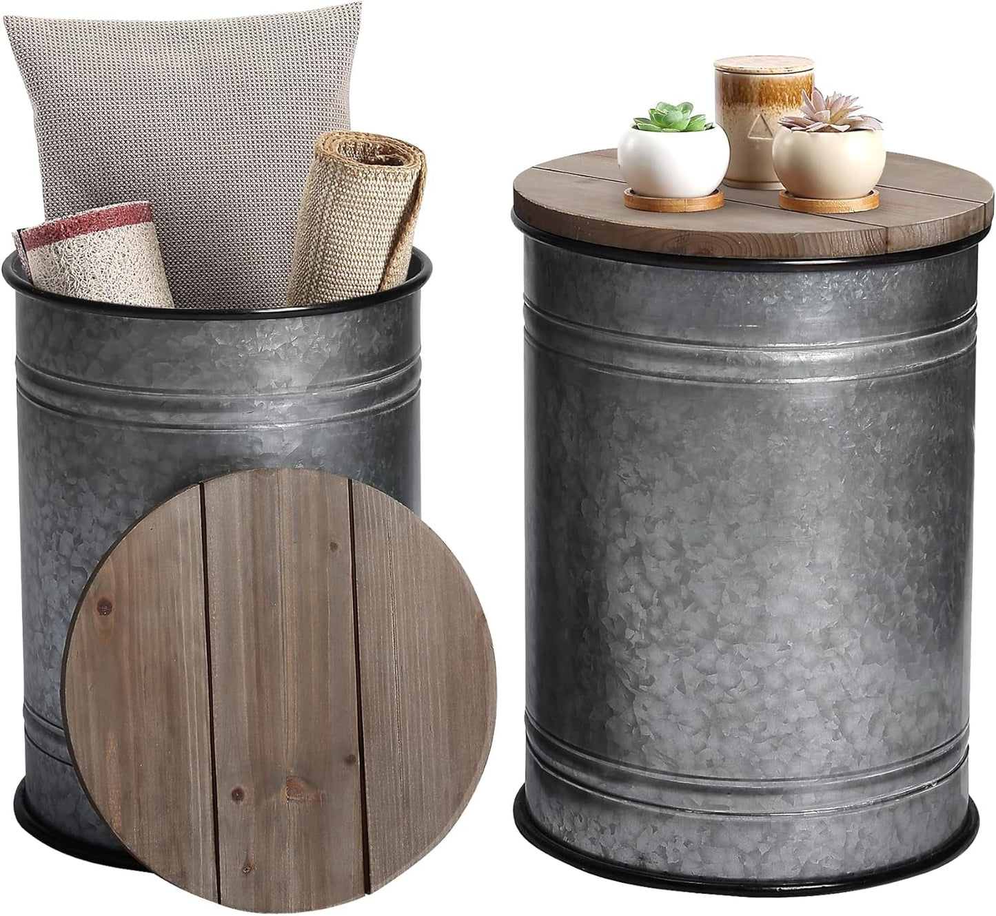 Farmhouse Accent Side Table, Rustic Storage Ottoman Seat Stool, Galvanized Antique Metal End Table Box Bin with round Wood Lid, Coffee or Cocktail Table, Nesting Pieces Two (Pure Galvanized)