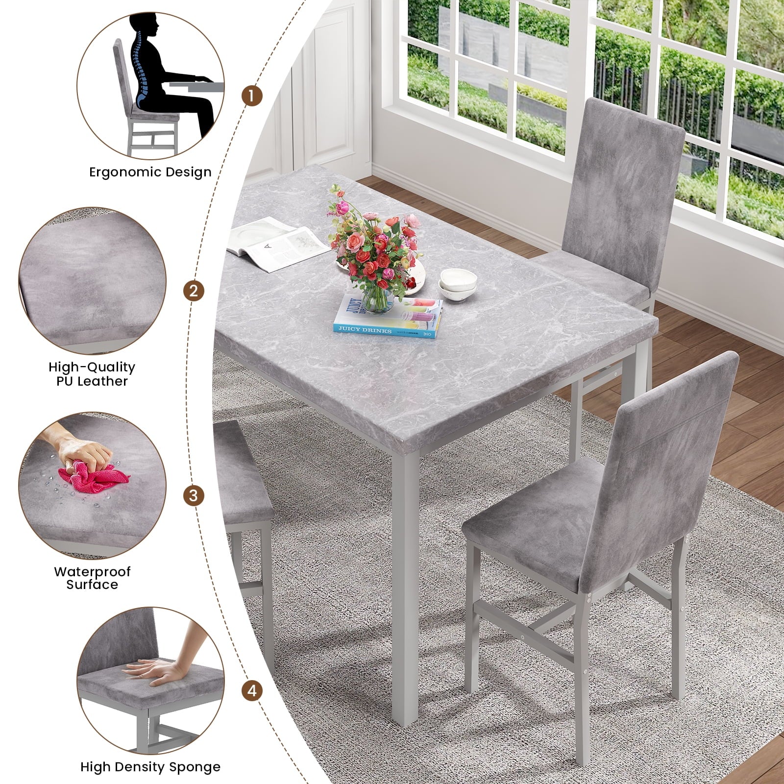 4-Person Marble Dining Table and Chairs Set for Kitchen, Dining Room, Breakfast Corner, Compact Spaces with Faux Marble Pattern Table and 4 Velvet Covered Upholstered Chairs, Gray