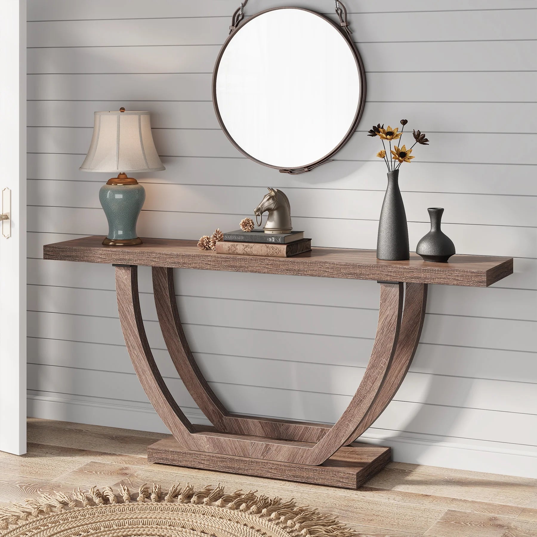 63 Inch Console Table, 2-Tier Farmhouse Entryway Sofa Tables for Living Room Hallway Foyer Corridor, Retro Brown