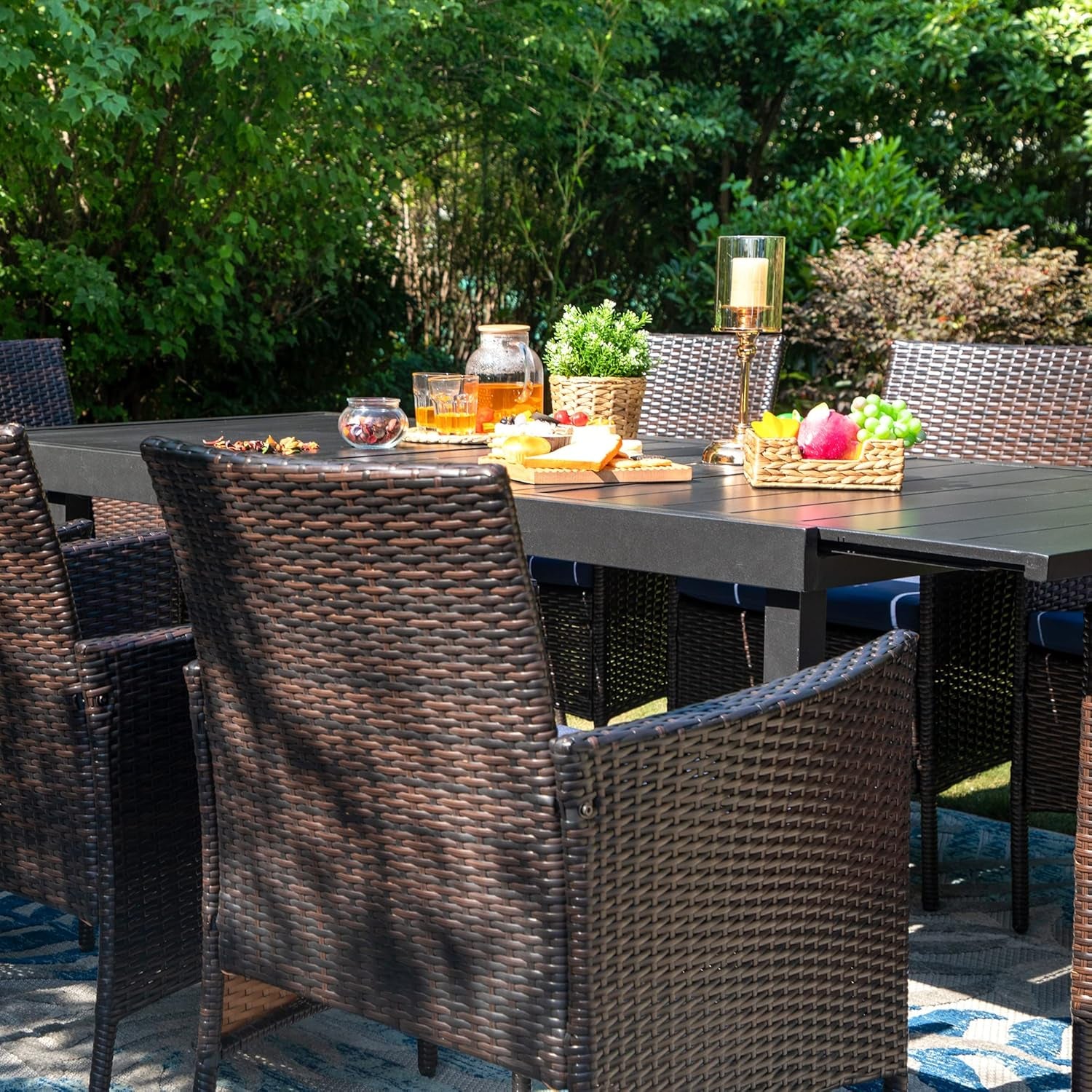 7 Piece Outdoor Dining Table Sets, Expandable Rectangular Metal Dining Table & 6 Rattan Chairs for Patio, Deck, Balcony