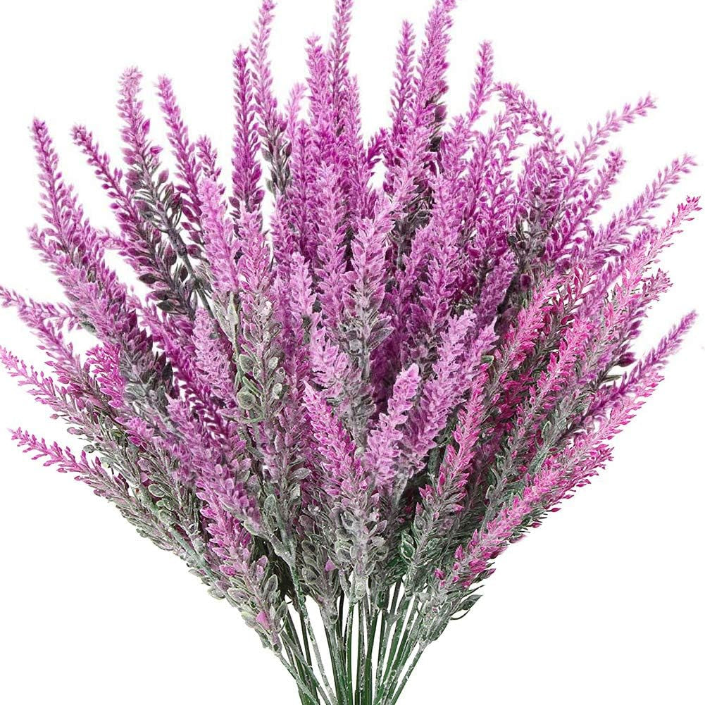 8 Bundles Artificial Flowers Flocked Plastic Lavender Bundle Fake Plants Wedding Bridle Bouquet Indoor Outdoor Home Kitchen Office Décor (Fuchsia Lavender/8Pcs)