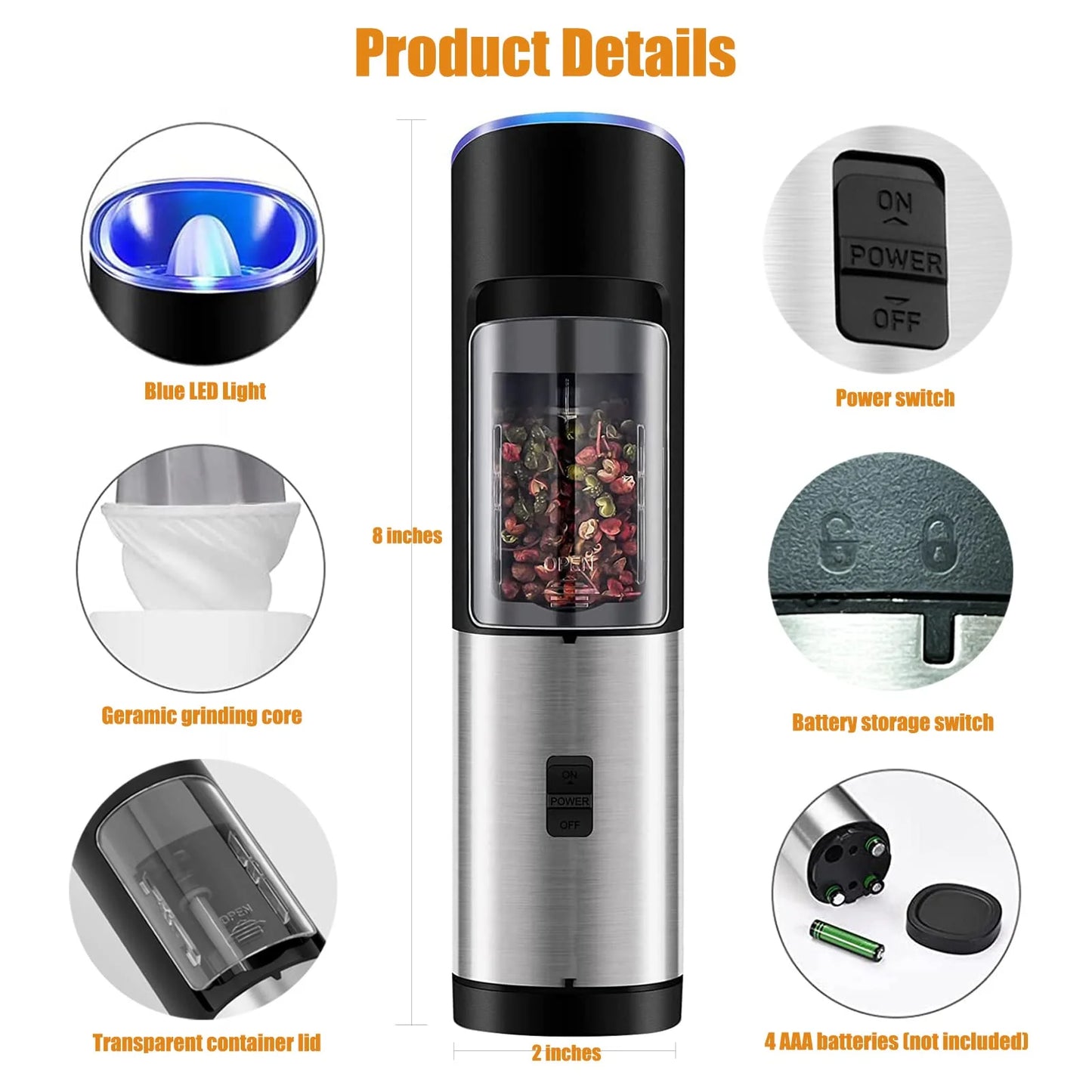 2 Pack Electric Salt and Pepper Grinder Set Battery Operated Auto Mill, Stainless Steel Automatic Shaker with Light,One Hand Automatic Operation,Black