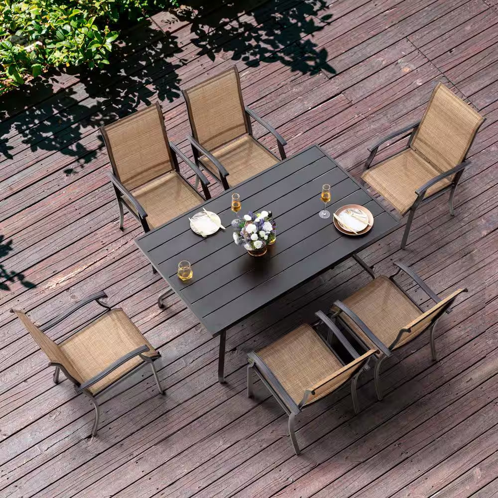 7-Pieces Rust-Free Metal Outdoor Patio Dining Set with 6 Textilene Dining Chairs and Rectangular Dining Table