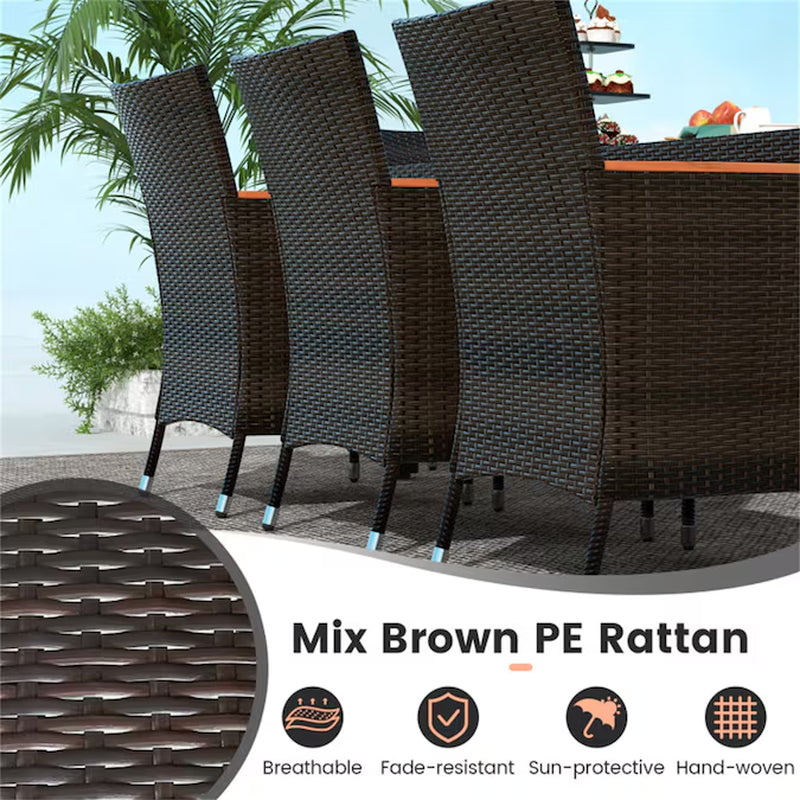 Outdoor Dining Set with Patio Umbrella 10-Piece Black Rattan Patio Dining Set Wood Rectangle Table with 8 Off-White Cushions Stackable Stationary Chairs