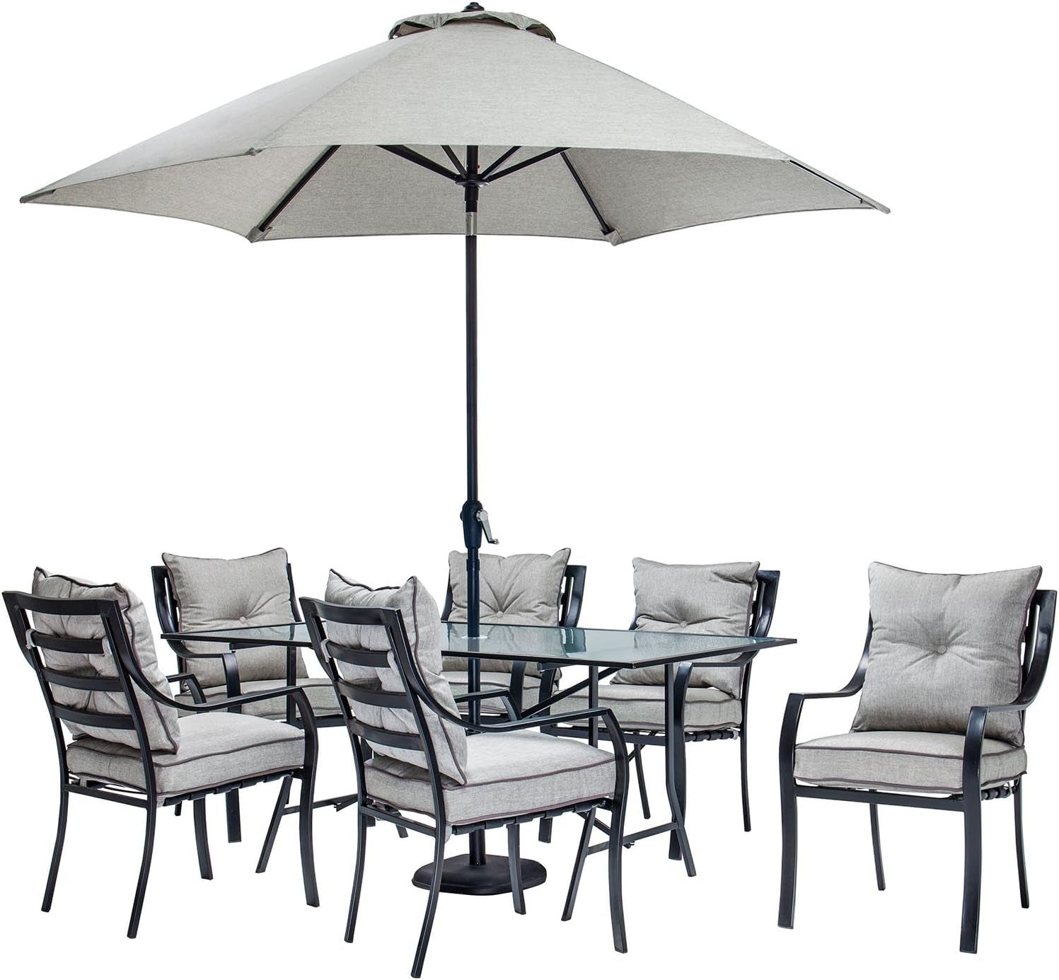 Lavallette 7-Piece Patio Dining Set, Steel Outdoor Dining Set for 6 with Silver Linings Cushions, Dining Chairs and Tempered Glass Rectangular Dining Table