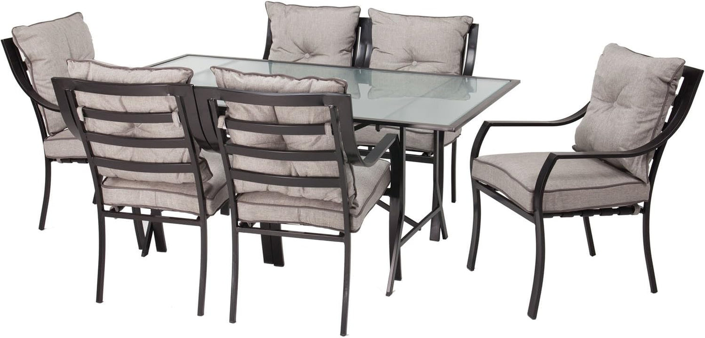 Lavallette 7-Piece Patio Dining Set, Steel Outdoor Dining Set for 6 with Silver Linings Cushions, Dining Chairs and Tempered Glass Rectangular Dining Table