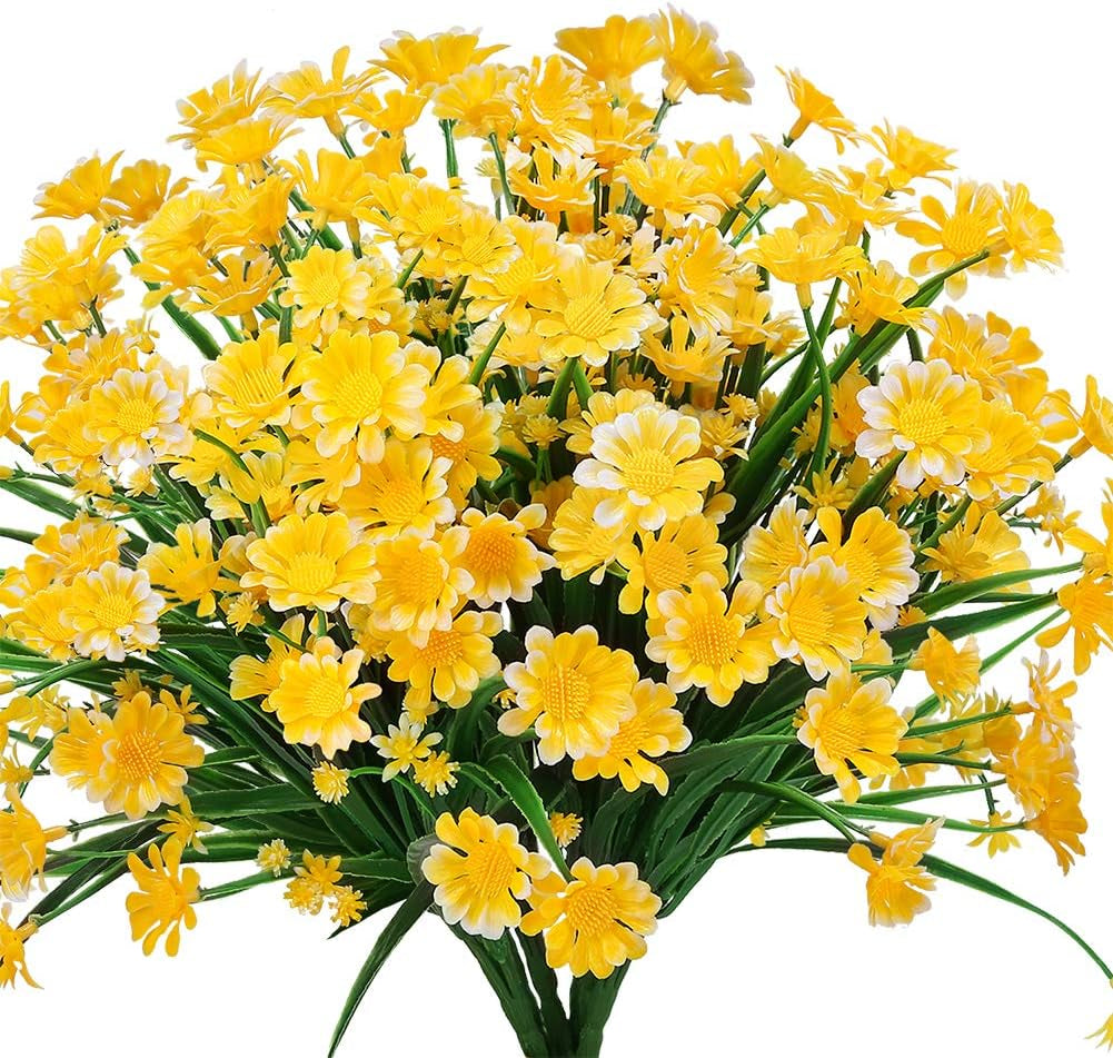 Artificial Daisies Flowers Outdoor UV Resistant 4 Bundles Fake Foliage Greenery Faux Plants Shrubs Plastic Bushes for Window Box Hanging Planter Farmhouse Indoor outside Decor(Yellow)