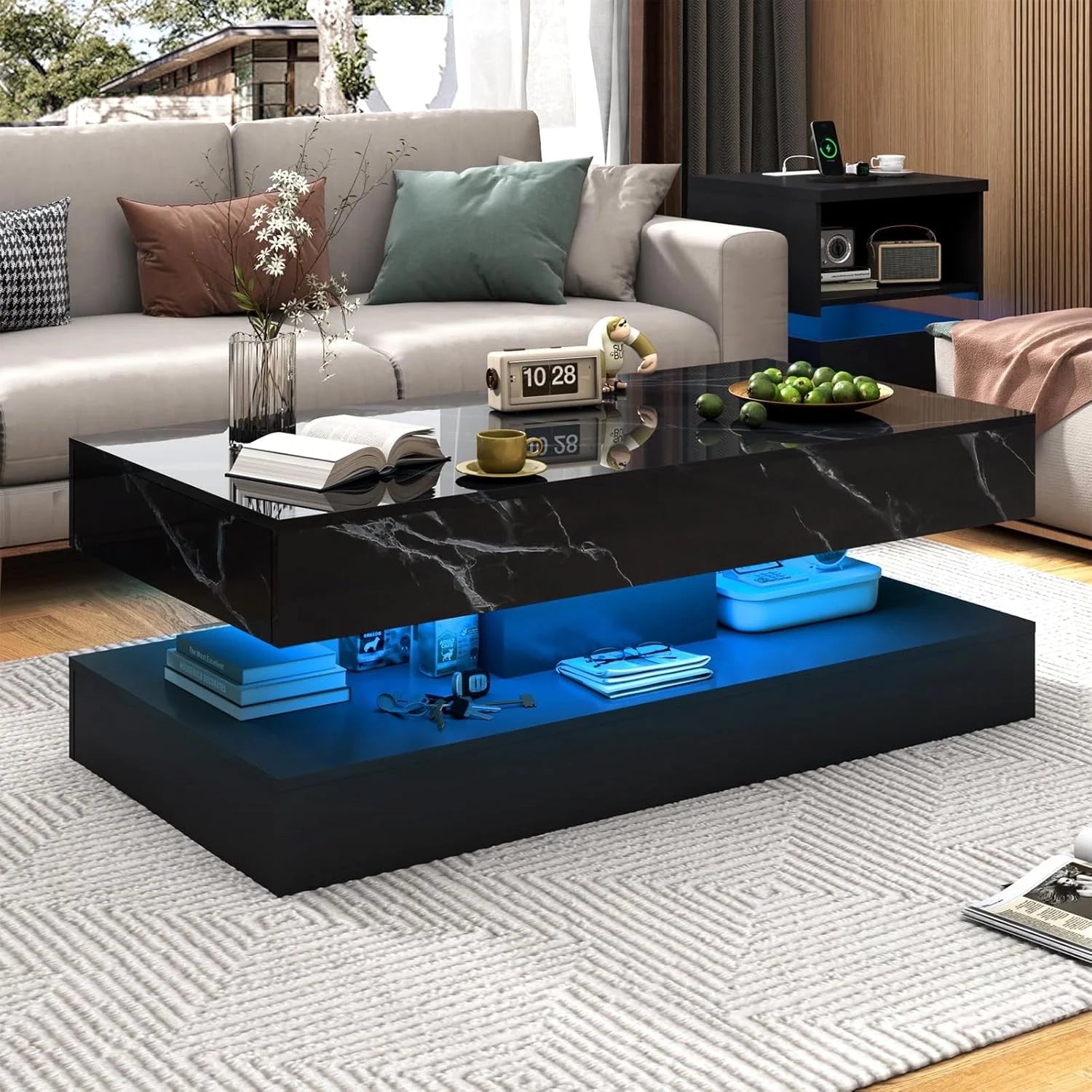 Large Black LED Coffee Table with 2 Storage Drawers, Modern High Gloss Coffee Table W/20 Colors LED Lights/App Control, 2 Tiers Rectangle Large Living Room Furniture W/Marbling Print(47.3")