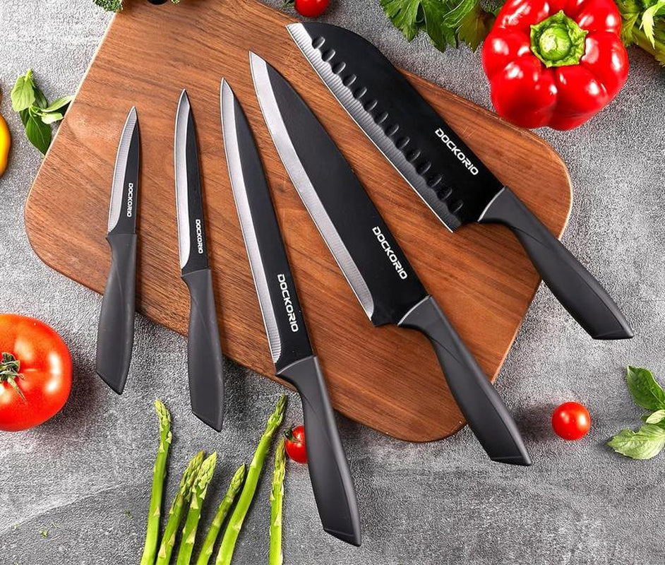 Dockorio Kitchen Knife Set with Block, 19 PCS High Carbon Stainless Steel Sharp Includes Serrated Steak Knives Set, Chef Knives, Bread Knife, Scissor, Sharpener, All in One