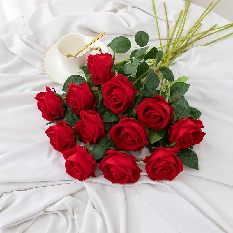 12PCS Artificial Roses Silk Flowers Bouquet Long Stem for Home Wedding Decoration Party (Red)