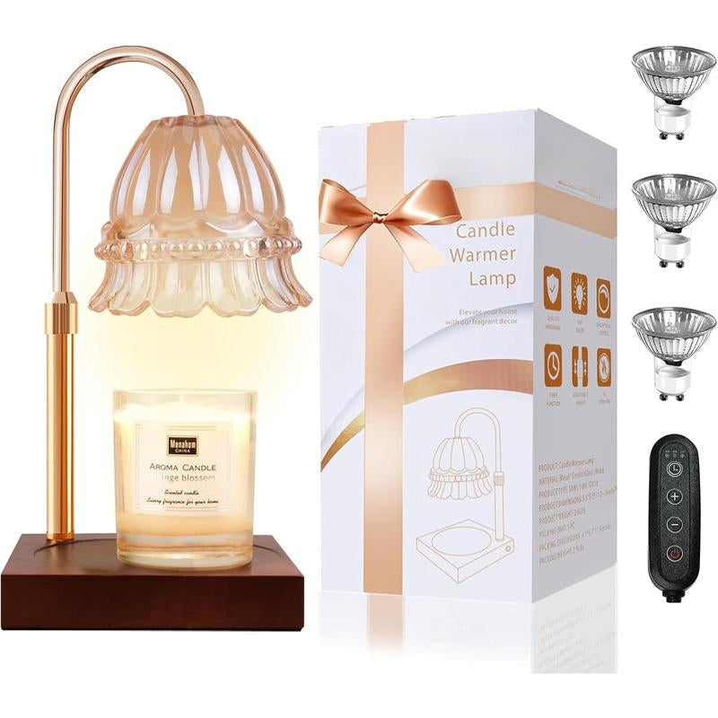 Candle Warmer Lamp with 3 Bulbs, Adjustable Height Dimmable Candle Warmer with Timer, Compatible with Large Jar Candles, Flower Candle Warmer with Charming Gift Box Ribbon(Light Yellow)