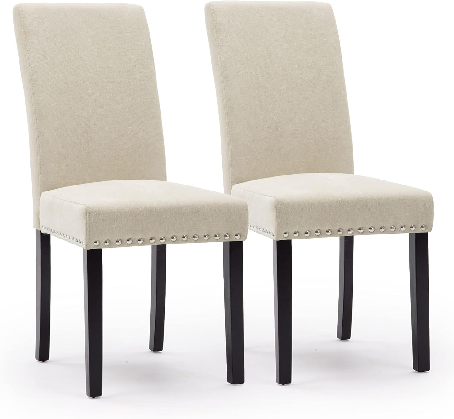 Dining Chairs Set of 2, Fabric Upholstered Dining Room Parson Chair with Nailhead Trim and Solid Wood Legs for Home and Kitchen, Beige