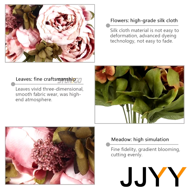 JJYY Artificial Flowers Bouquet 13 Heads European Style Peony Silk Flowers High Quality Plastic Flowers Fake Daisy Accessories