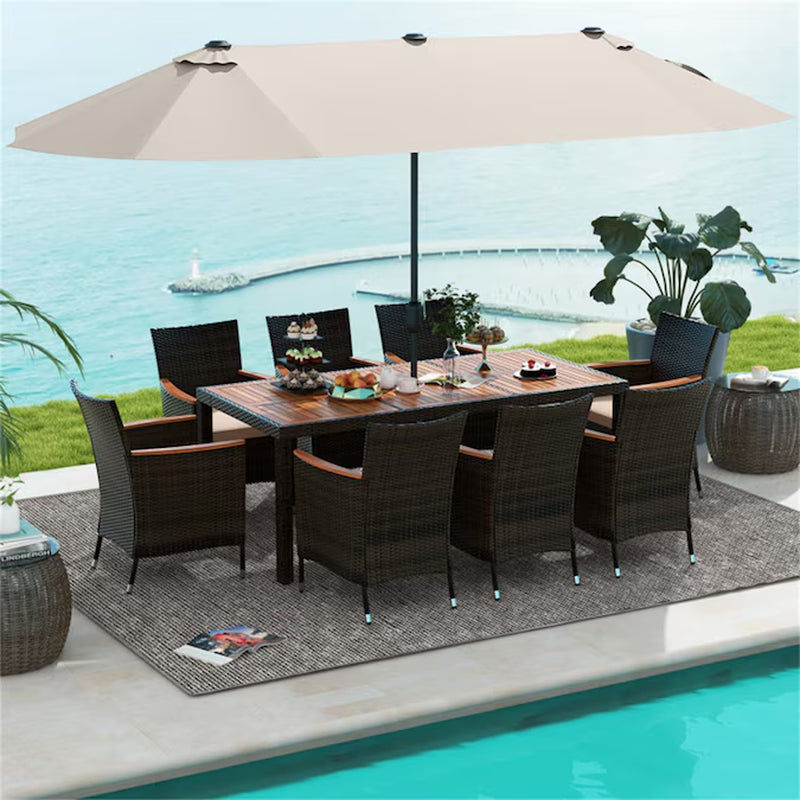 Outdoor Dining Set with Patio Umbrella 10-Piece Black Rattan Patio Dining Set Wood Rectangle Table with 8 Off-White Cushions Stackable Stationary Chairs