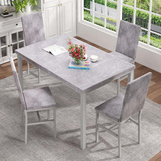 4-Person Marble Dining Table and Chairs Set for Kitchen, Dining Room, Breakfast Corner, Compact Spaces with Faux Marble Pattern Table and 4 Velvet Covered Upholstered Chairs, Gray