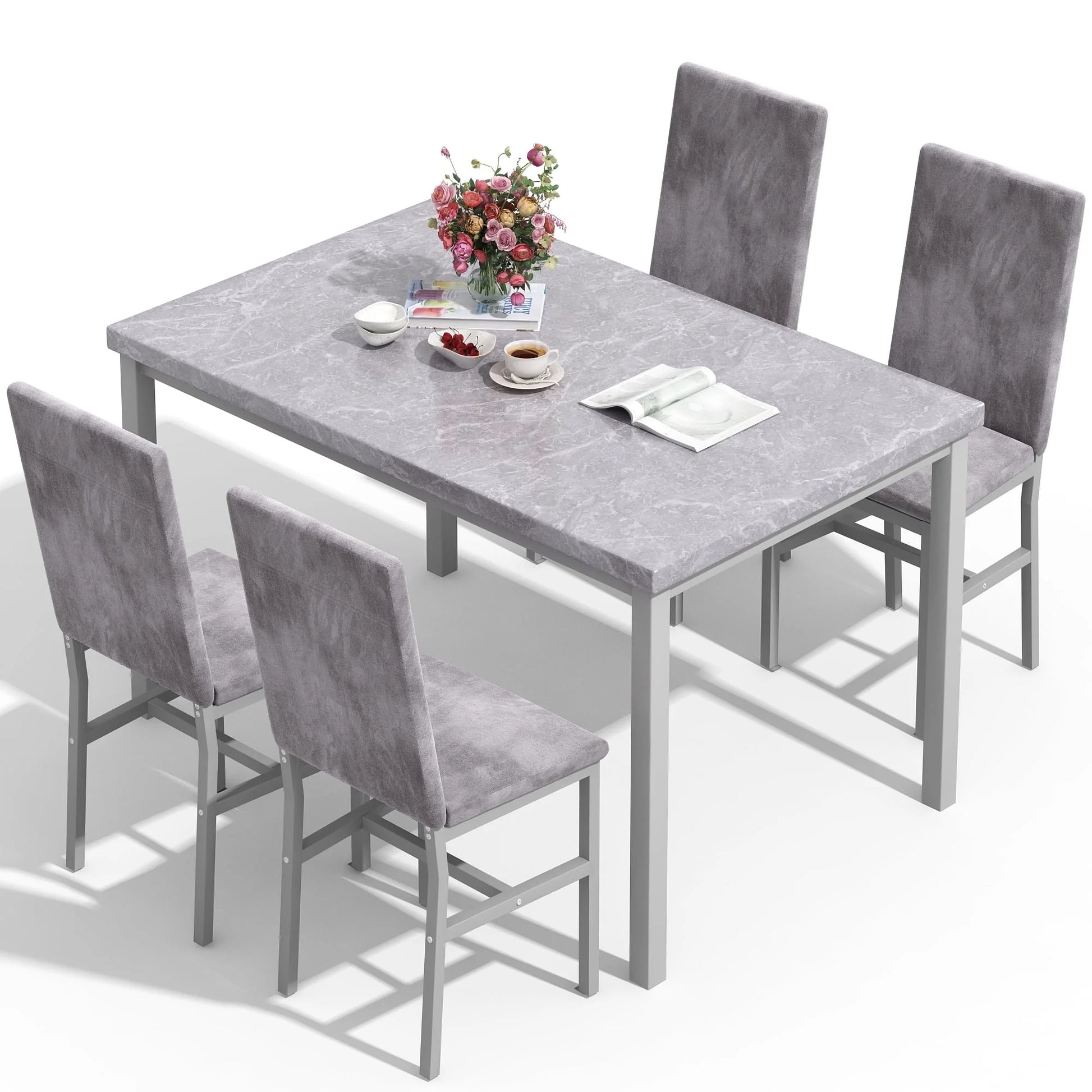 4-Person Marble Dining Table and Chairs Set for Kitchen, Dining Room, Breakfast Corner, Compact Spaces with Faux Marble Pattern Table and 4 Velvet Covered Upholstered Chairs, Gray