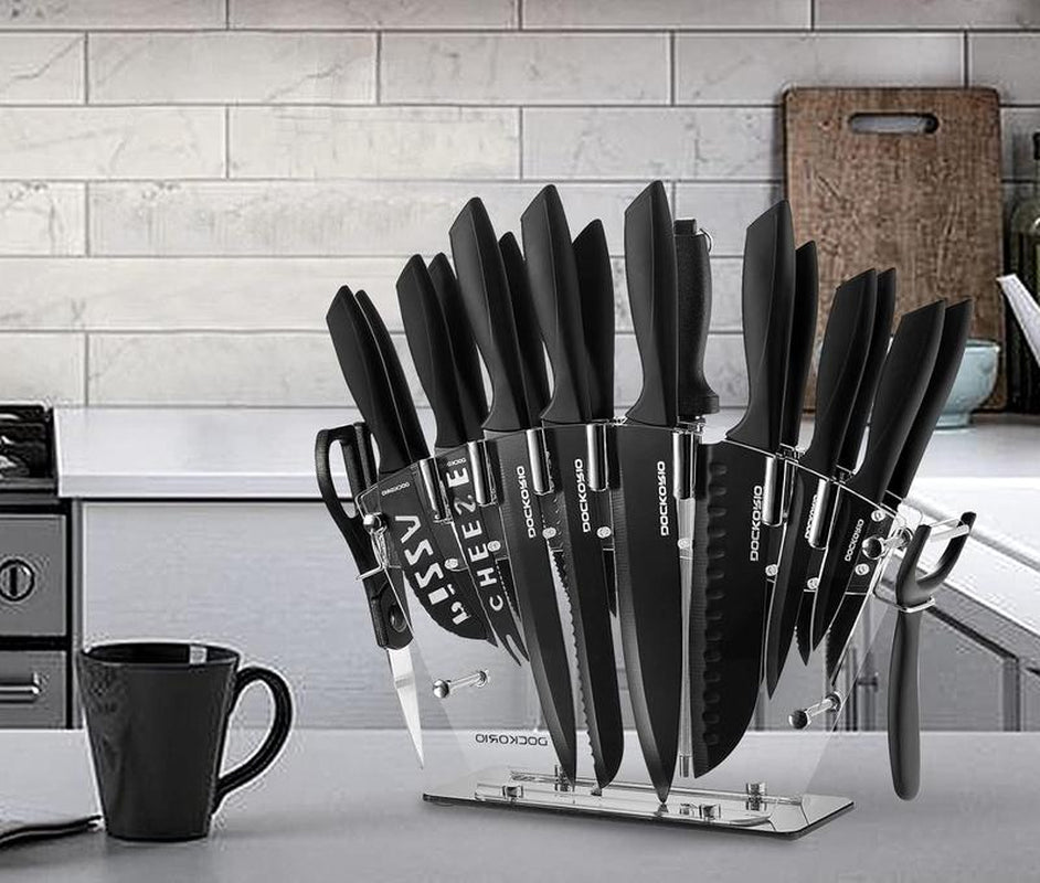 Dockorio Kitchen Knife Set with Block, 19 PCS High Carbon Stainless Steel Sharp Includes Serrated Steak Knives Set, Chef Knives, Bread Knife, Scissor, Sharpener, All in One