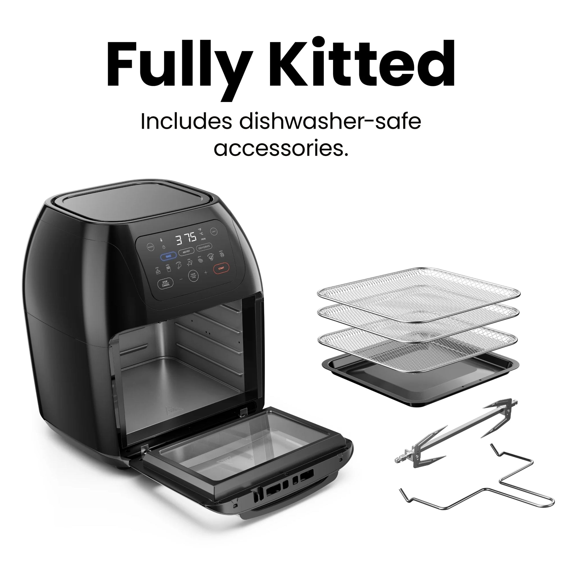 Multifunctional Digital 10 Qt. Air Fryer+ Rotisserie, Fry, Roast & Bake, 17 Presets - Black, New