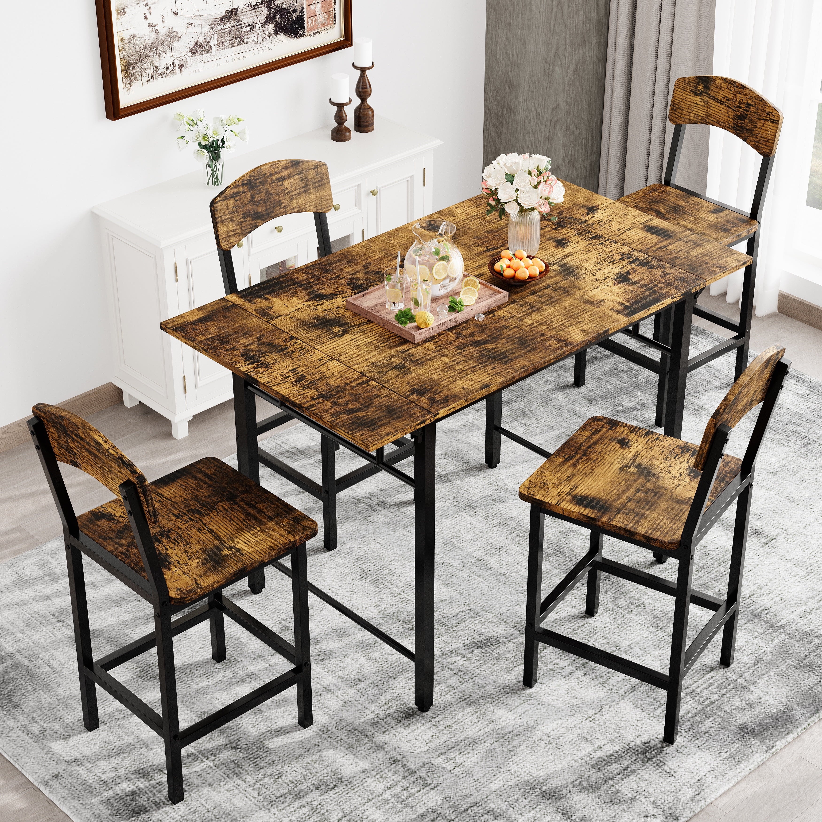 5-Piece Counter Height Dining Table and Chairs Set, Brown Finish Drop Leaf Dinner Table and 4 Chairs Set for Kitchen Dining Room Breakfast Nook, Farmhouse Dining Table Set with Black Frame